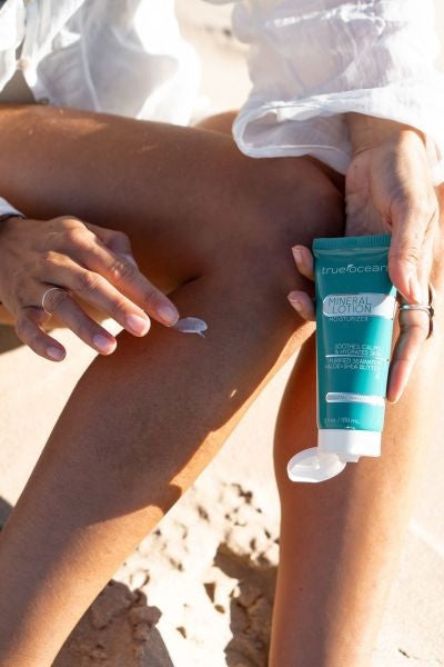 True Ocean Mineral Lotion contains aloe, cucumber, cocoa + shea butter